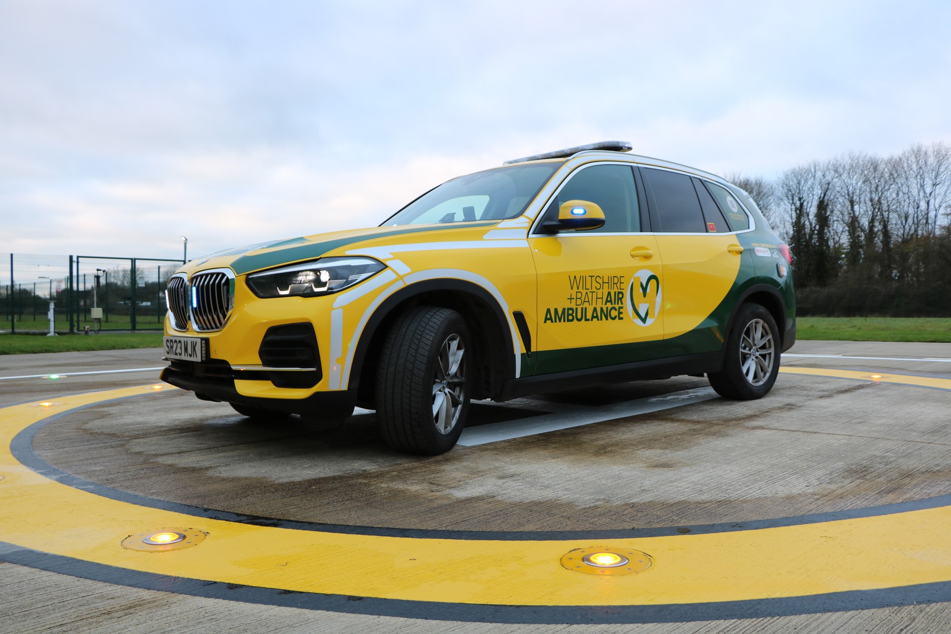 Wiltshire and Bath Air Ambulance Charity's yellow and green critical care car Wiltshire and Bath Air Ambulance Charity's yellow and green critical care car