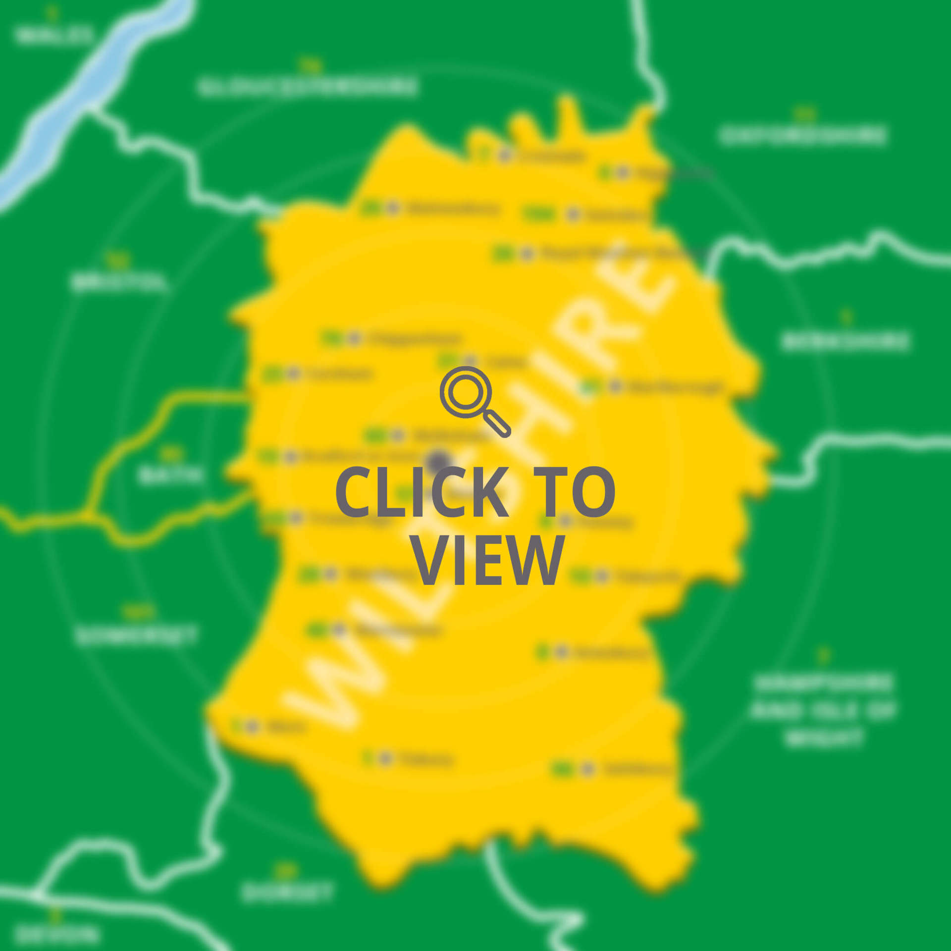 A graphic illustrating a blurred yellow map of Wiltshire with a grey magnifying glass and 'click to view' text overlay.