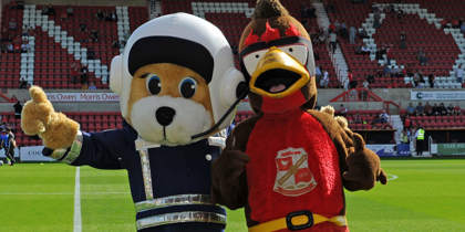 WAA mascot Marsha with Swindon Town FC mascot Rockin' Robin.