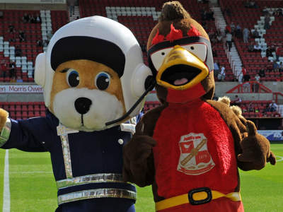 WAA mascot Marsha with Swindon Town FC mascot Rockin' Robin.