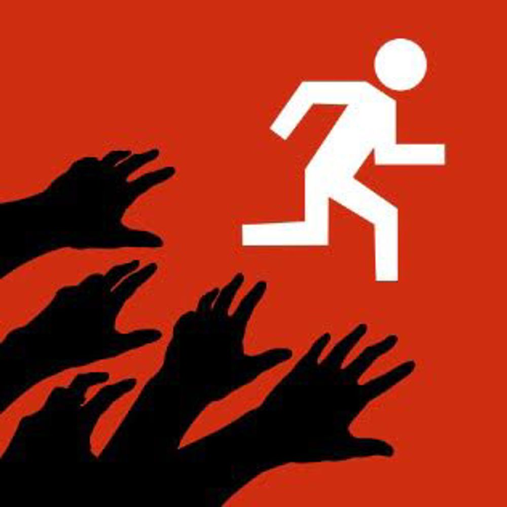 Graphic with red background, running white stick man and black hands trying to grab the man