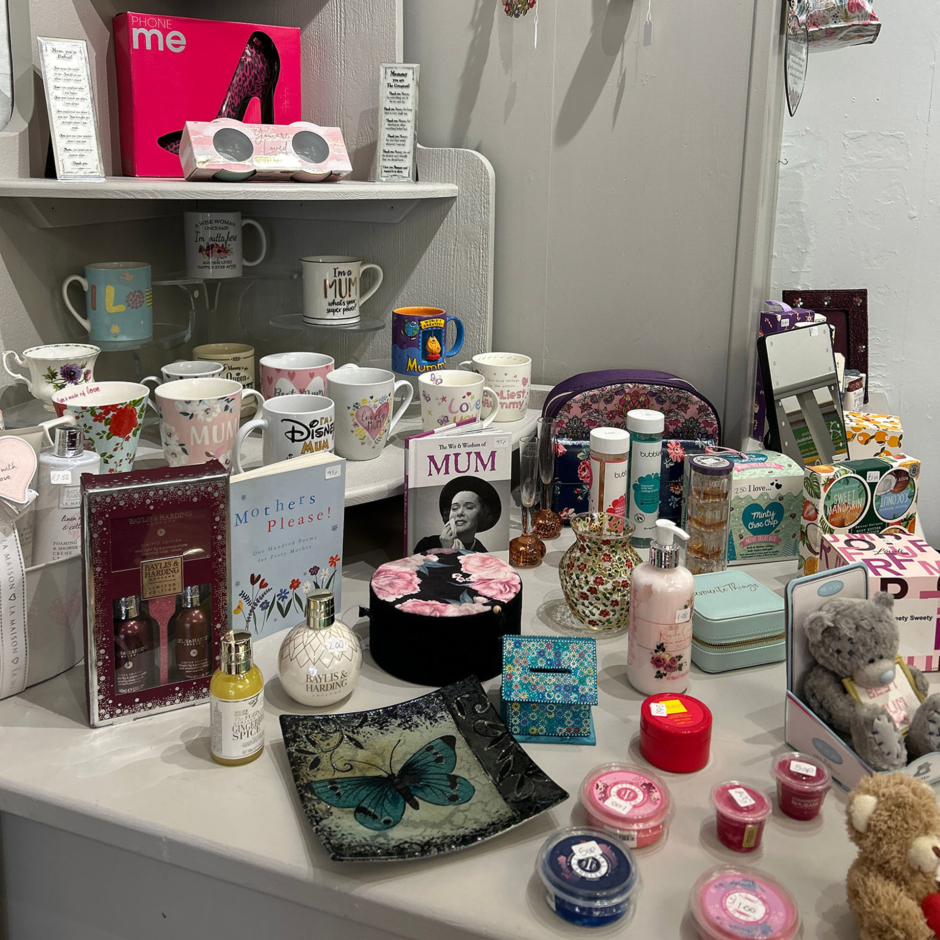 A selection of gifts at the charity shop for Mother's Day A selection of gifts at the charity shop for Mother's Day