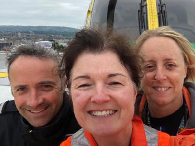 A selfie of paramedic Jo, pilot Matt and doctor Rosie on the Bristol Royal United helideck