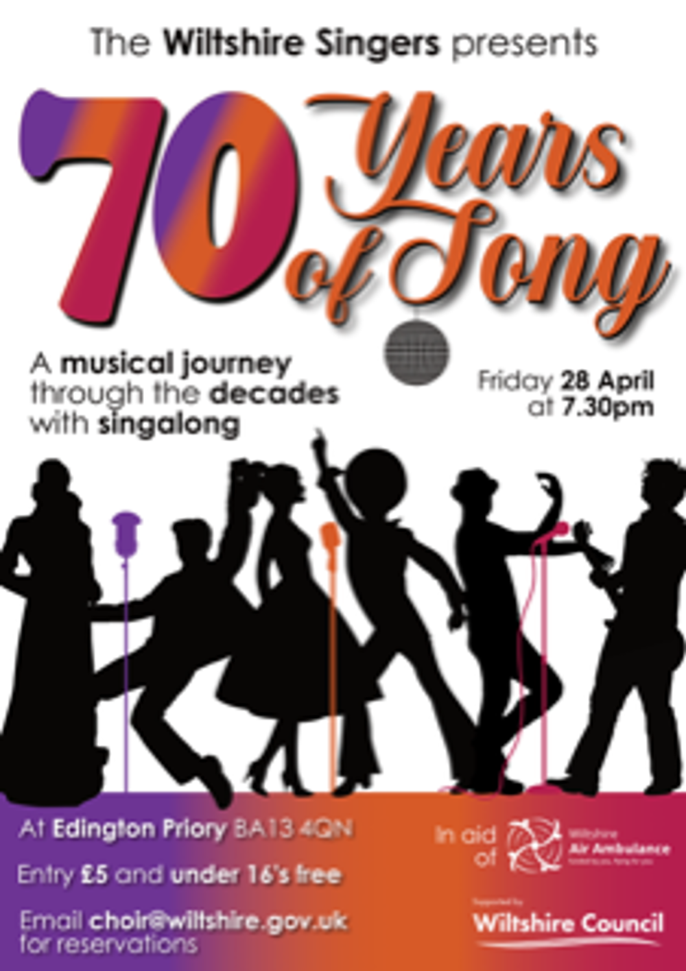 A poster advertising 70 Years of Song event. The poster shows silhouettes of singers with microphones.