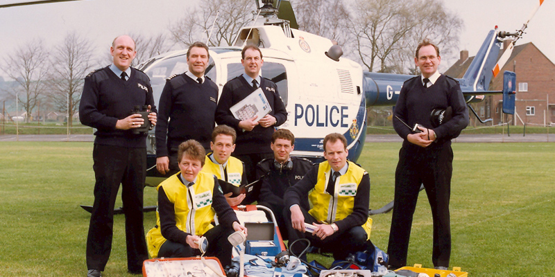 The Wiltshire Air Ambulance helicopter and crew members posed with medical equipment