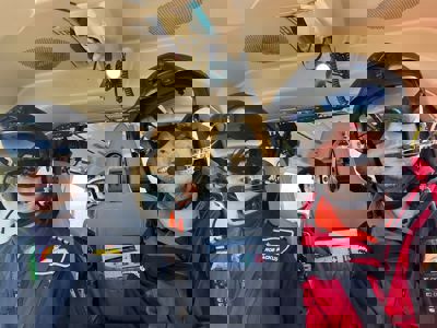 Left to right - Pilot Rob Backus, Dr Maria Smith and Paramedic Ben Abbott selfie in the Wiltshire Air Ambulance helicopter