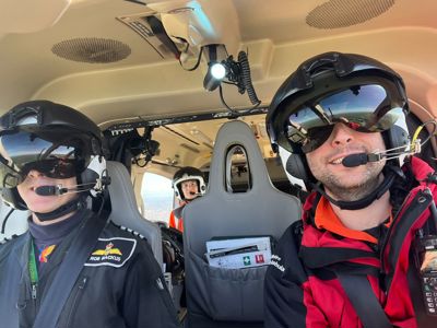 Left to right - Pilot Rob Backus, Dr Maria Smith and Paramedic Ben Abbott selfie in the Wiltshire Air Ambulance helicopter