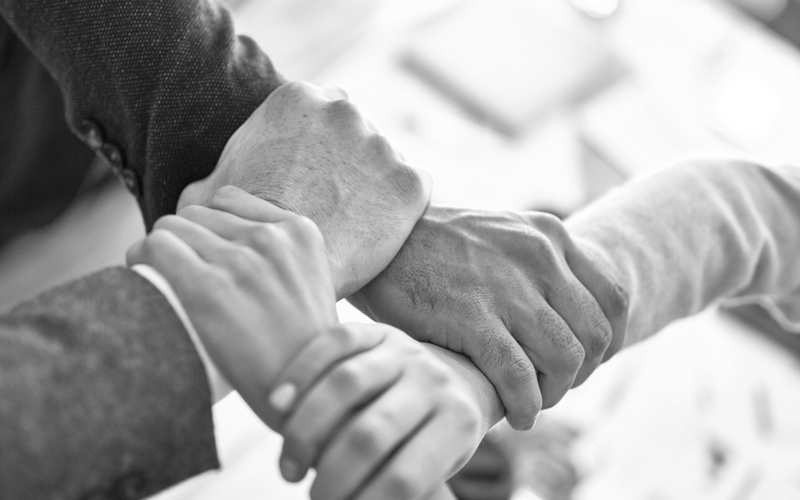 A black and white photo of colleagues holding hands
