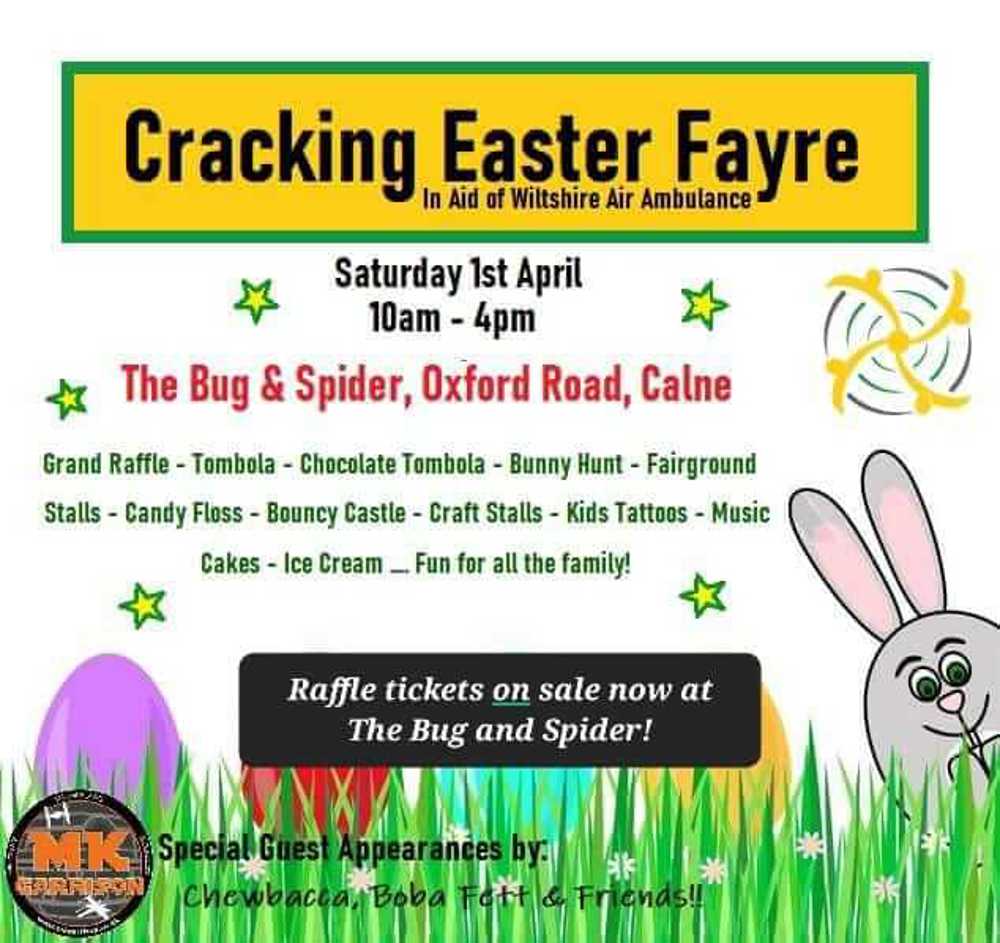 A poster advertising 'A Cracking Easter Fayre' including cartoons of the Easter bunny and Easter eggs.