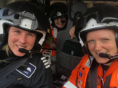 Selfie of Pilot Nicky, Paramedic Sophie And Dr Beth in the Wiltshire Air Ambulance helicopter