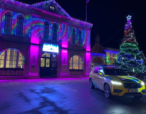 Wiltshire Air Ambulance's critical care car parked outside Melksham Town Hall at Christmas