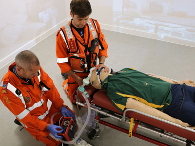 Paramedics Paul Rock and Ben Abbott training in the Wiltshire Air Ambulance simulation suite