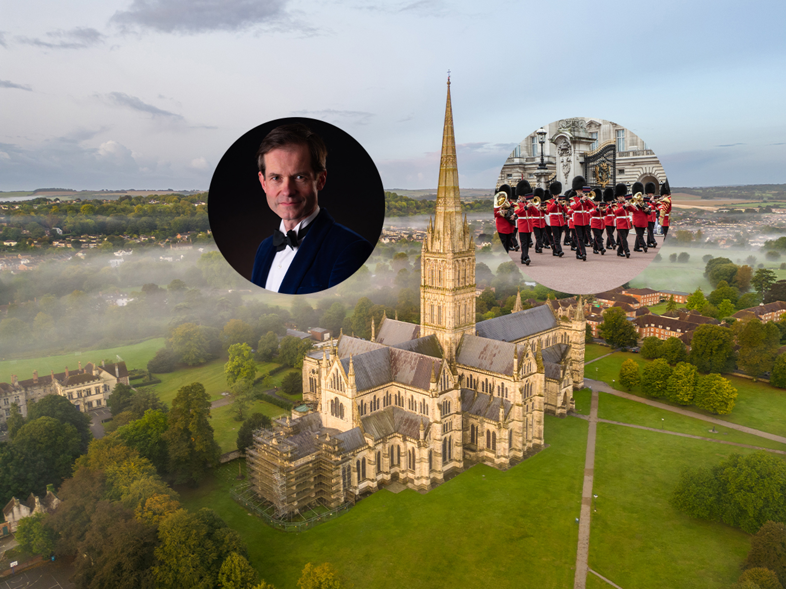 An aerial view of Salisbury Cathedral with inset images of Rupert Egerton-Smith and the Band of The Grenadier Guards
