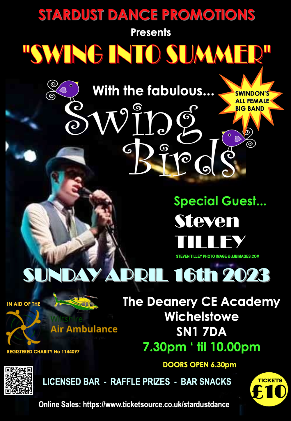 A poster advertising a Swing Into Summer event showing a singer with a microphone on a black background