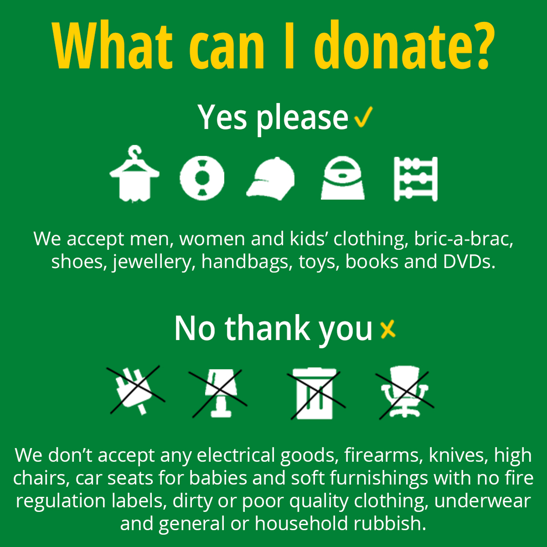 An infographic describing acceptable and unacceptable items at the Devizes Charity Shop